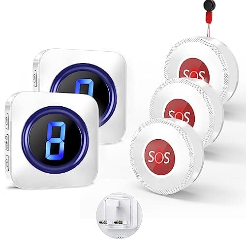 Image of Panic Alarm Button for Elderly, Wireless Caregiver Pager at 1,000ft Range with 3 SOS Call Panic Buttons with Mute Mode 55 Chimes 5 Volumes Levels LED Flash with 2 Plug in Receivers