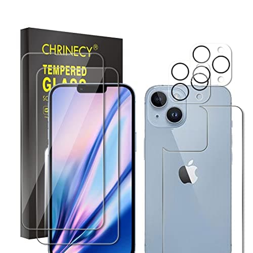 Image of CHRINECY Tempered Glass Screen Protector for iPhone 14 (2 Pack)+Back Screen Protector+Camera Lens Protector (2 Pack), 9H Hardness, Anti-Scratch, No Bubbles