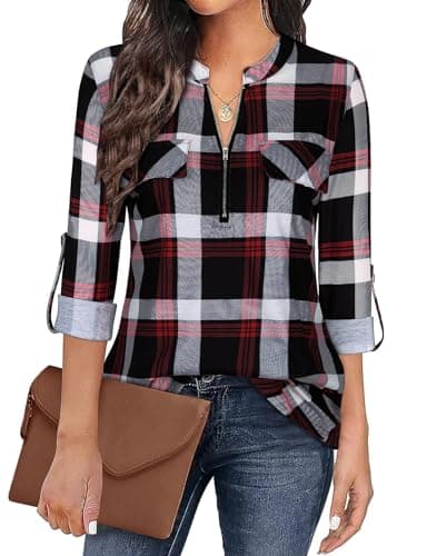 Image of Gemulate Womens Zip Up Plaid Tunic Blouse Long 3/4 Roll Sleeve Polo Top Floral Printed Shirts Long Tops to Wear with Leggings Plaid Red 2-L