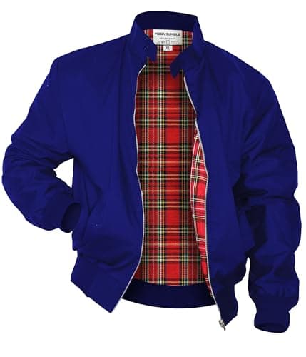 Image of Mega_Jumble Mens Vintage Harrington Jacket Classic Retro Mod Skin Scooter 1970's Bomber Tartan Check Lining Retro Style Coat (UK, Alpha, 3XL, Regular, Regular, Royal Blue)