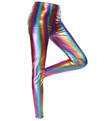 Image of Girls Metallic Shiny Disco Leggings Elastic Waist Wet Look Stretchy Tights for Kids Versatile Pants for Parties Sports Dance Everyday Wear (UK, Age, 7 Years, 8 Years, Rainbow)