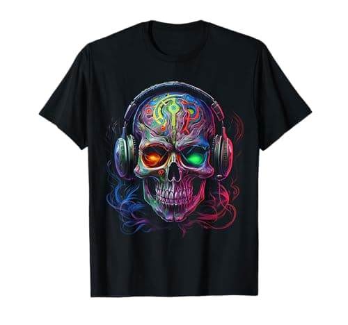 Image of Skull Colorful Headphone Art Fantasy Graphic Skull T-Shirt