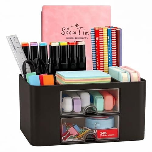 Image of Wlevzzor Creative & Simple Desk Organiser, 7 Grids, Plastic Table Organiser with Drawer, Multifunctional Desk Organiser, Pen Holder for School, Office, Home (Black)