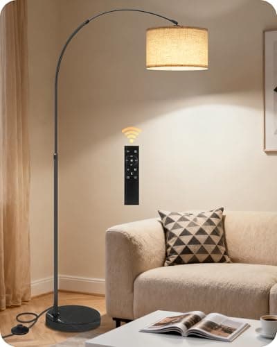 Image of GOEBLESON Arc Floor Lamp with LED Bulb & Remote Control & Foot Switch, Stepless Dimmable, Colour Temperature, Arched Corner Lamp, Rotating Lamp Head, Height Adjustable, Black ZE15LDK05
