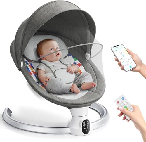 Image of Ixdregan Electric Baby Bouncer,Baby Swing with Bluetooth and Mobile App Control,5 Swing Speed, 10 Lullabies, 5-Point Harness,Portable Newborn Bouncer from Birth for 0 Months(Grey)