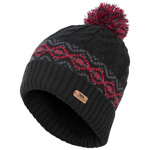 Image of Trespass Mens Beanie Andrews-Knitted Hat with Pom Pom-Fully Fleece Lined, Leatherette Badge, 100% Polyester Lining, 100% Acrylic Outer Black