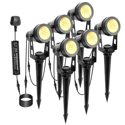 Image of ECOWHO Garden Spotlights Mains, 21m Extendable Outdoor Spike Lights 12V LED Pathway Lighting IP65 Waterproof Electric Garden Uplighter for Path Yard Patio (18W 6-Packs Warm White), Wall/Spike Mounted