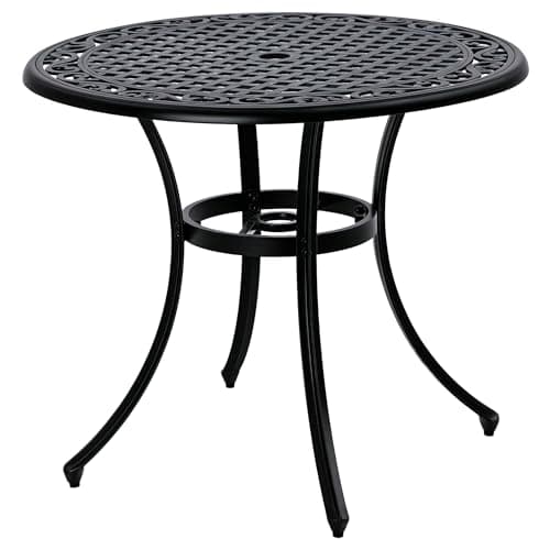 Image of Outsunny Garden Table with Parasol Hole, 90cm Round Outdoor Dining Table for 2-4, Cast Aluminium Bistro Coffee Table for Balcony - Black