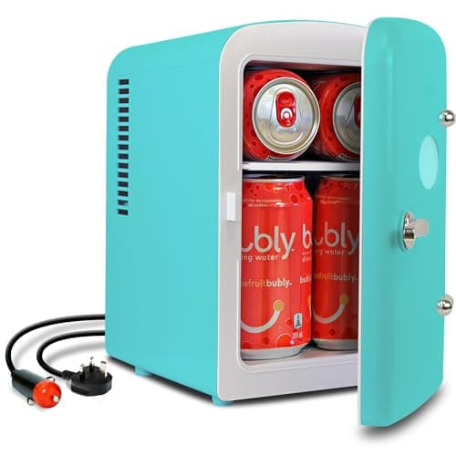 Image of Koolatron Retro Mini Fridge For Bedrooms 12V Portable Cooler Refrigerator 4L Small 6 Can Table Top Quiet Mini Fridges For Skincare Food Drinks Kids Home Car & Travel Aqua