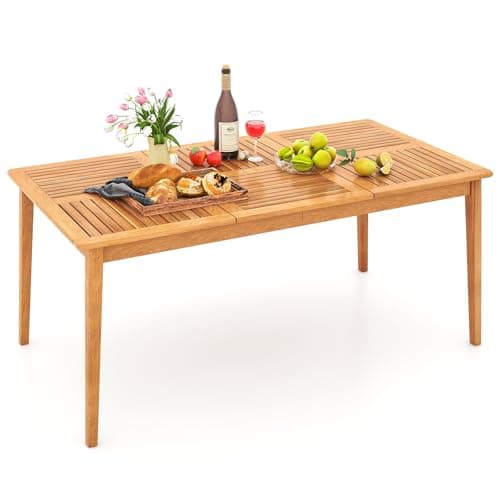 Image of TANGZON Garden Table for 4/6/8, Acacia Wood Outdoor Dining Table with Parasol Hole & Slatted Top, Bistro Patio Dining Furniture for Backyard Balcony Lawn Poolside (170 x 90cm, for 6)