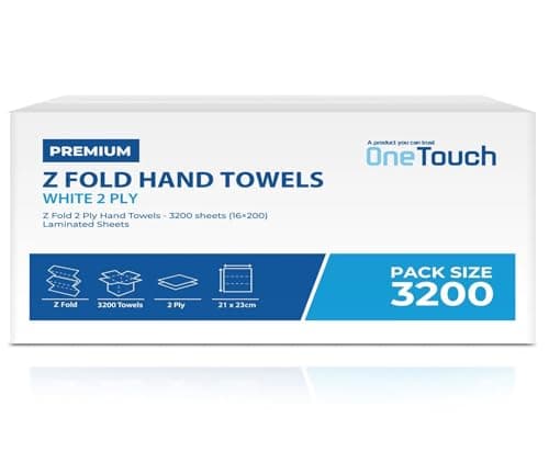 Image of OneTouch V Fold Hand Towels, White Paper Towel, Dispenser Towels 2-Ply Interfold, 3200 Sheets, 22.5 x 23 cm (White-3200)