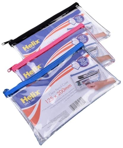 Image of Helix Clear Exam Pencil Case - 20x12.5cm - Assorted Zip Colours - Pack of 3 - Waterproof Small Zipped Pencil Case Pouch
