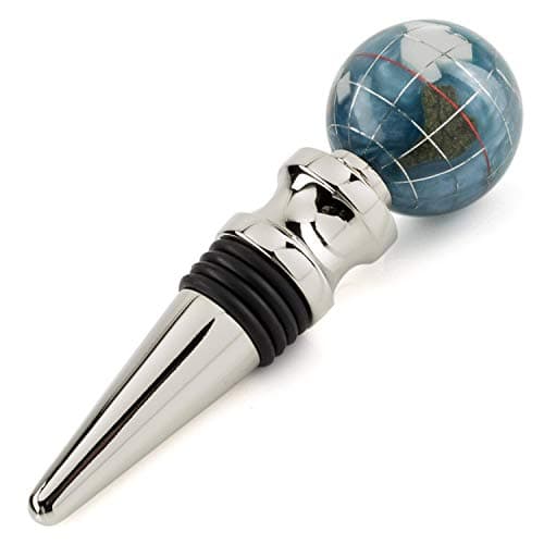 Image of KALIFANO Gemstone Globe Decorative Wine Bottle Stopper - Silver Tone Australian Alloy Stopper with Marine Blue Opalite Globe Cork/Beverage Stopper Showcased in Red Lizard Print Gift Box