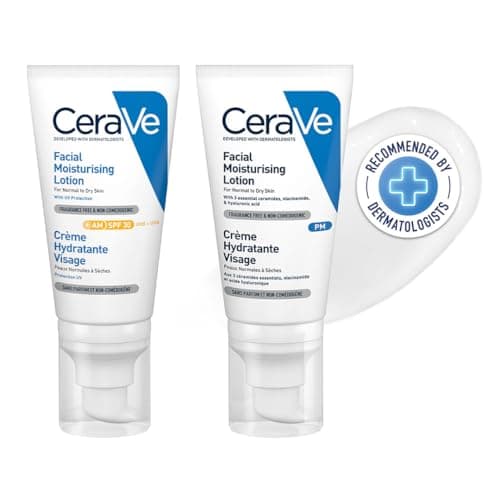 Image of CeraVe AM Facial Moisturising Lotion SPF30 with Ceramides for Normal to Dry Skin 52 ml & PM Daily Facial Moisturiser Lotion for Normal to Dry Skin 52ml with Niacinamide and 3 Essential Ceramides