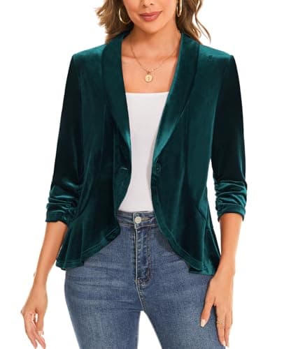 Image of MINTLIMIT Women's 3/4 Sleeve Velvet Blazer Jacket Basic Ruffle Hem Shawl Collar One-Button Coat Unlined Leisure/Business (Emerald Green XXL)