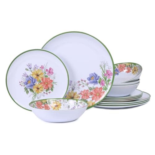 Image of Lechoo 12 Piece Floral Melamine Dinnerware Sets, Green Camping Dishes Set, Spring Lightweight Plates and Bowls Sets, Service for 4, Unbreakable Dishwasher Safe Dish Set for Indoor & Outdoor Use