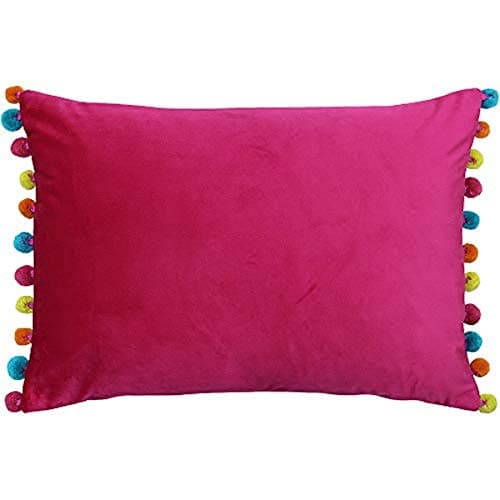Image of Riva Paoletti Fiesta Rectangular Filled Cushion Multicoloured Pompom Edges-Soft Velvet Fabric-Discreet Zip Closure-100 Case (14" x 20" inches), Polyester, Hot Pink/Multi, 35 x 50cm