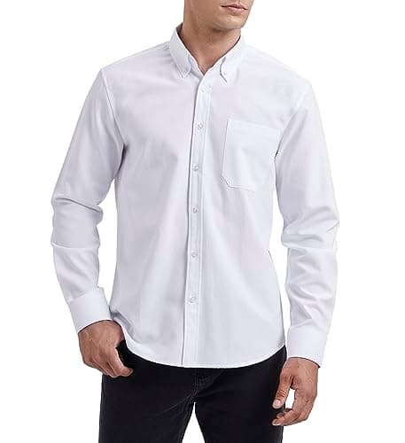 Image of HISDERN Men's White Oxford Shirt Long Sleeve Casual Plain Button Down Smart Dress Shirts for Men Adult with Pocket Regular Fit S