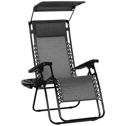 Image of Outsunny Foldable Reclining Garden Chair with Headrest, Zero Gravity Deck Sun Lounger Seat Chair with Footrest, Armrest, Cup Holder & Canopy Shade, Light Grey