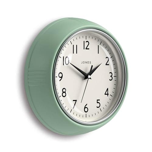 Image of Jones Clocks® Ketchup wall clock | Round retro diner clock | 25cm | Neo mint green | Ideal for the kitchen, living room, office or bedroom | Easy to read numbers