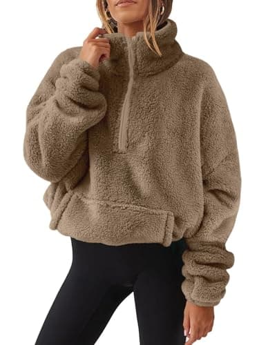Image of WIEAYUMEI Women Teddy Fleece Jackets Half Zip Teen Girls Sweatshirts Crop Long Sleeve Stand Collar Jumpers Loose Fit Casual Fluffy Pullover Dark Khaki M