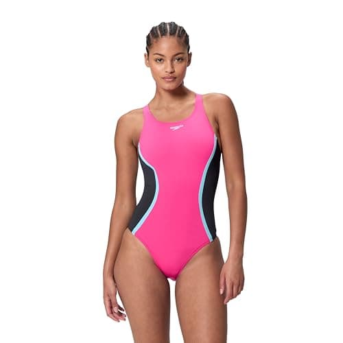 Image of Speedo Womens Solid Splice Medalist Swimsuit Swimming Costume Margarita Pink/Anthracite Size 34" Approx UK 10