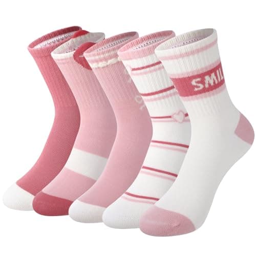 Image of Zuimei 5 Pairs Girls Socks Kids Cotton School Sport Socks Soft Crew Athletic Sock Casual Mid Calf Sock, 6-8 Years