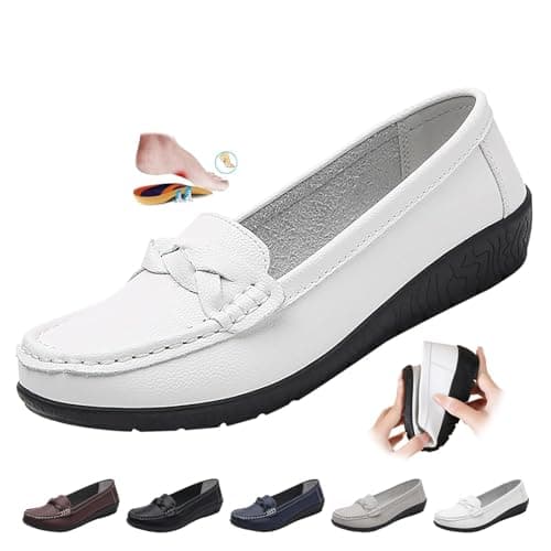 Image of Women's Orthopedic Loafers in Breathable Leather, Leather Loafers Classic Moccasins Driving Shoes Work Office Nursing Shoes (White,5)