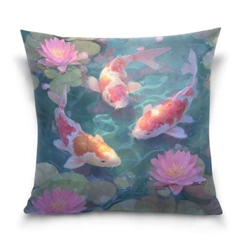 Image of Koi Fish in Pond Throw Pillow Cover Set of 2 Pillow Cases Decorative Cushion Covers for Sofa Couch 16" x 16"