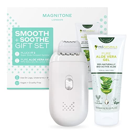 Image of MAGNITONE Smooth + Sooth Gift Set, PluckIt2 Compact Epilator + Pure Aloe Vera Gel, Long Lasting Hair Removal, Legs, Underarms & Bikini, USB Rechargeable, 2 Interchangeable Heads, Storage Pouch