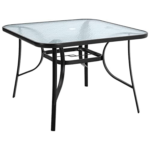 Image of DKIEI 105cm Square Outdoor Dining Table Glass Top Garden Table with Parasol Hole Steel Frame Bistro Coffee End Side Table Black