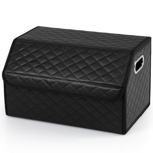 Image of TANGZON 35/51L Car Boot Organiser, Collapsible Trunk Organizer with Lid, Removable Dividers & Sturdy Handle, Multipurpose Leather Storage Box for SUV, Truck, Sedan (35 L,Grid Surface)
