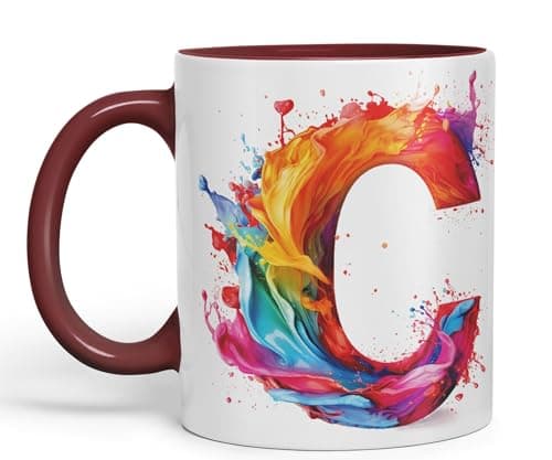 Image of Vixar Letter C Mug, Alphabet Letter C Monogram Watercolour Ceramic Coloured Mug Cup for Tea Coffee Hot Brew 330ml 11Oz Gift (Maroon)