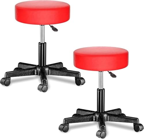 Image of CASARIA® 2x 35cm Red Rolling Stool with Wheels | Height Adjustable | 360° Rotatable Padded Swivel Chair | Double Castors | Roll Stool | Comfortable Upholstered Seating | Office Workshop Salon