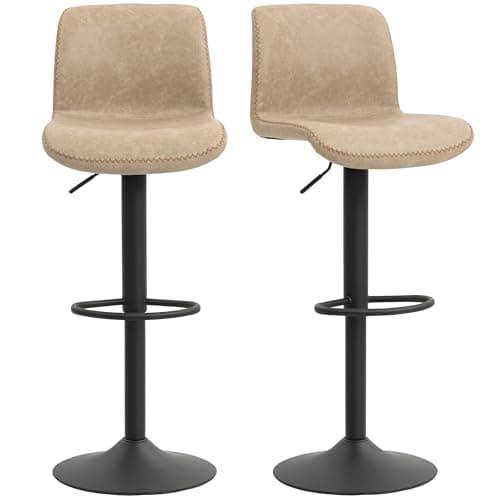 Image of HOMCOM Bar Stools Set of 2, Height Adjustable Barstools with Backrest and Footrest, PU Leather Upholstered Dining Stools for Kitchen, Counter, Breakfast Bar, Light Brown