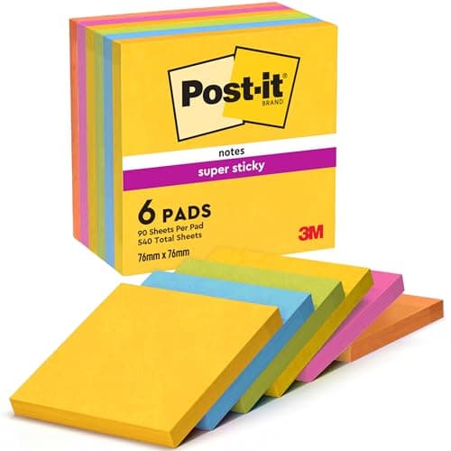 Image of Post-it Super Sticky Notes, Stick Longer Without Falling, 76 mm x 76 mm, 6 Pads, 540 Sheets, Yellow, Blue, Green, Pink, Orange Colors - Self-Sticking Notes for Walls, Monitors and Fridge