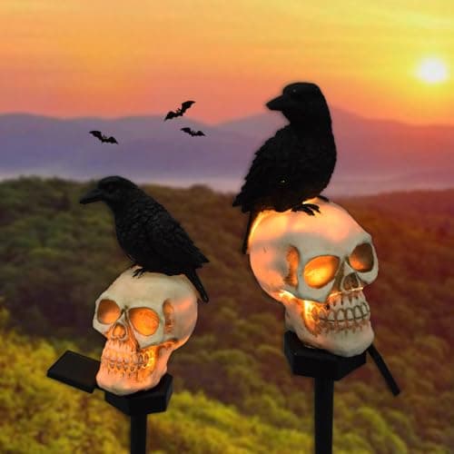 Image of YZYOE 2 Packs of LED solar crow skull lights, Halloween outdoor atmosphere decoration lamp, and cute resin crow skull courtyard landscape lights.