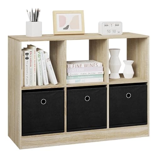 Image of WOLTU Bookcase with 6 Cubes, Space-Saving Book Shelf with 3 Drawers, Freestanding Bookshelf for Bedroom, Living Room, Study, Office, Engineered Wood, Light Oak Shelving Unit, 80x30x60cm