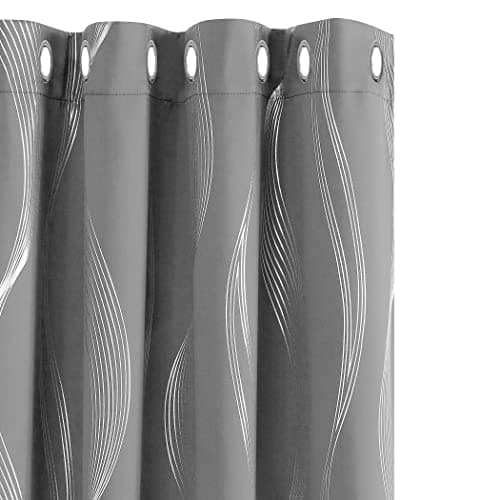 Image of Deconovo Grey Blackout Curtains for Living Room 72 Drop Silver Wave Line Foil Printed Blackout Curtains Thermal Insulated Curtains Eyelet Curtains for Baby Nursery 66 x 72 Inch Light Grey Two Panels