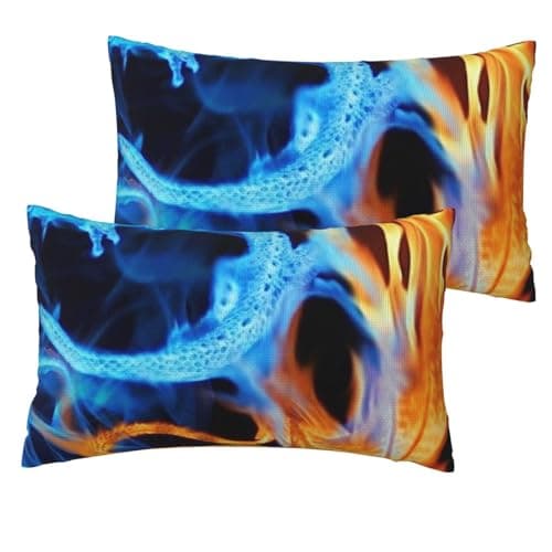 Image of Red Blue Fire Cool Dragon Set Of 2 Faux Linen Lumbar Cushion Covers 12x20in Printed Decorative Throw Cases