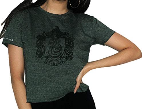 Image of Licensed Harry Potter Slytherin Women’s Crop T-Shirt – Green Graphic Tee with House Crest Print | Official Ladies/Girls Hogwarts Apparel (M)