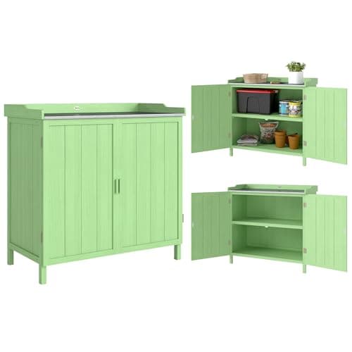 Image of Outsunny Wood Garden Storage Cabinet, Outdoor Tool Shed, Potting Bench Table with galvanised Top and Two Shelves for garden Tools or Pool Accessories, Green