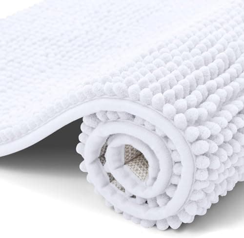 Image of smiry Non Slip Chenille Bath Mat, 50 x 80 cm, Extra Soft Bathroom Mat, Super Absorbent Fluffy Bath Mats for Bathroom Floor, Machine-Washable Dry Bath Rug Foot Mat, White