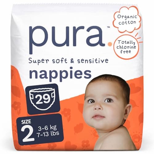 Image of Pura Baby Nappies Size 2, 29 Count, 3-6kg/6-13lbs, Cloud Soft Premium Nappies for Hypoallergenic & Sensitive Skin, Toxin-Free*, Wetness Indicator Up to 12 Hours Leak Protection