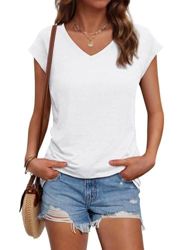Image of Suncife Womens Summer Casual Loose Fit T Shirt Cap Sleeve V Neck Tshirts Tops (White,XL)