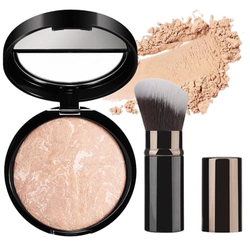 Image of Colour Correcting Powder Foundation with Brush – Baked Foundation for Mature Skin, Brightening & Illuminating Pressed Powder, Medium to Full Coverage, Long-Lasting Oil Control Smooth Makeup #03, Light