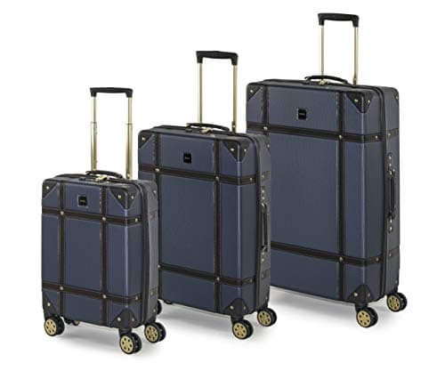 Image of Rock Vintage Set of 3 Hard Shell Suitcases in Navy - Nostalgic Design, Dual 360 Swivel-Wheels, Telescopic Handle, Impact-Resistant Material & TSA Combination Lock - Small, Medium & Large