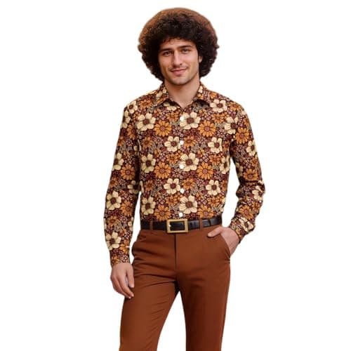 Image of Hawaiian Shirts for Men, 70s Fancy Dress Mens, 60s 70s 80s Fancy Dress Men, Retro Casual Button Down Shirt Shirts Printed Long Sleeve Disco Holiday Brown L