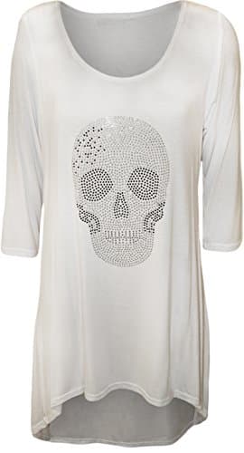 Image of WearAll Womens Plus Size Skull Tail Back Dip Hem Ladies Long Scoop Neck Sleeve Top - White - 16