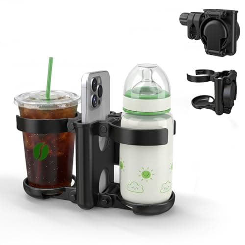 Image of ZealSound 3-in-1 Foldable Pram Cup Holder Universal, 2 Cups with Phone Holder, Drink Coffee Cup Holder for Pushchair, Wheelchair, Buggy, Rollator, Bike, Walker, Baby Essentials for Newborn, Mum Gifts